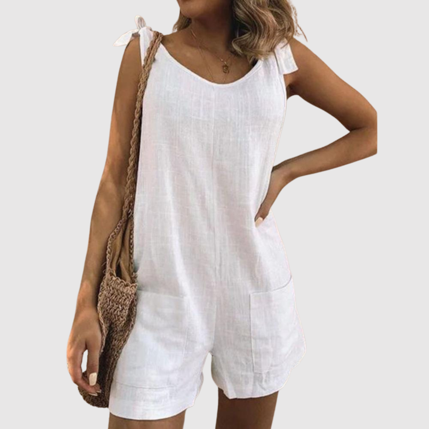 Roos dames zomerse jumpsuit met strikbandjes