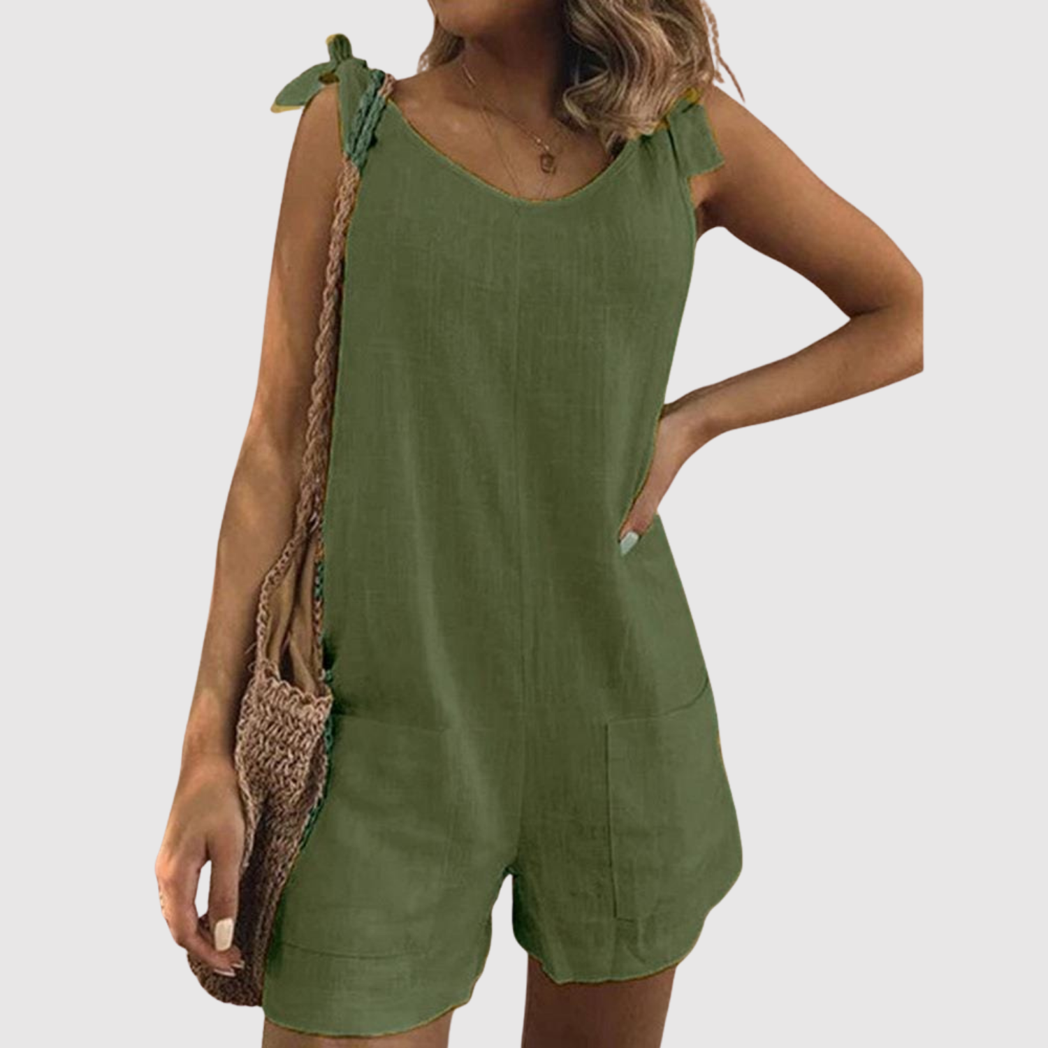 Roos dames zomerse jumpsuit met strikbandjes