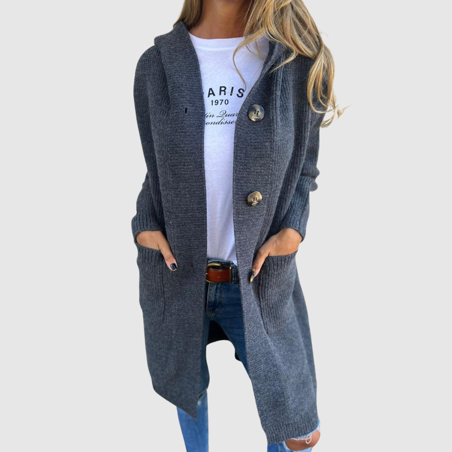 Lang dames vest met knoopsluiting, zachte stof en twee praktische zakken