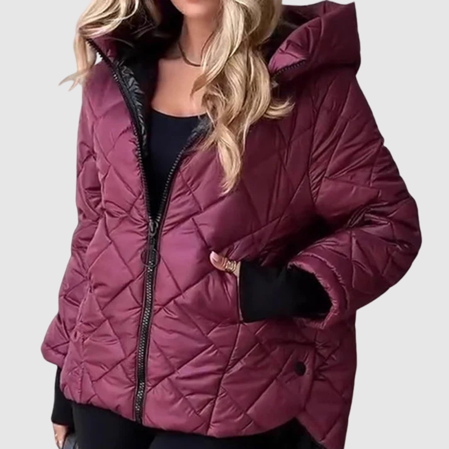 Elegante gewatteerde dames winterjas met slanke lijn, capuchon en diepe zakken