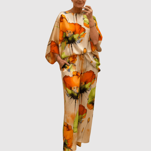 Elise dames satijnen tweedelige set met aquarelprint