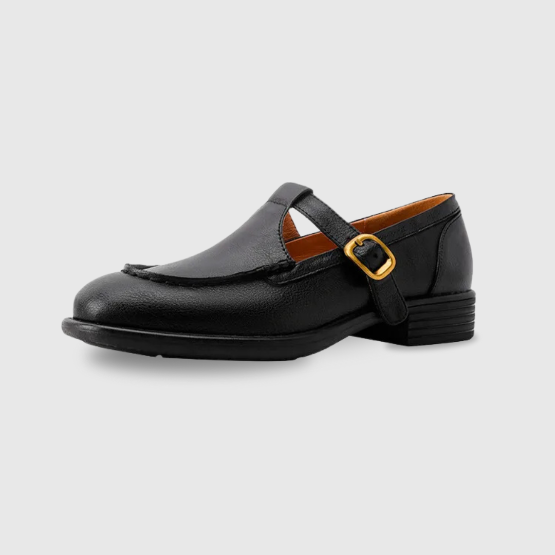 Bruine retro dames schoenen met ronde neus, gouden gesp en lage stabiele hak