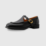 Bruine retro dames schoenen met ronde neus, gouden gesp en lage stabiele hak