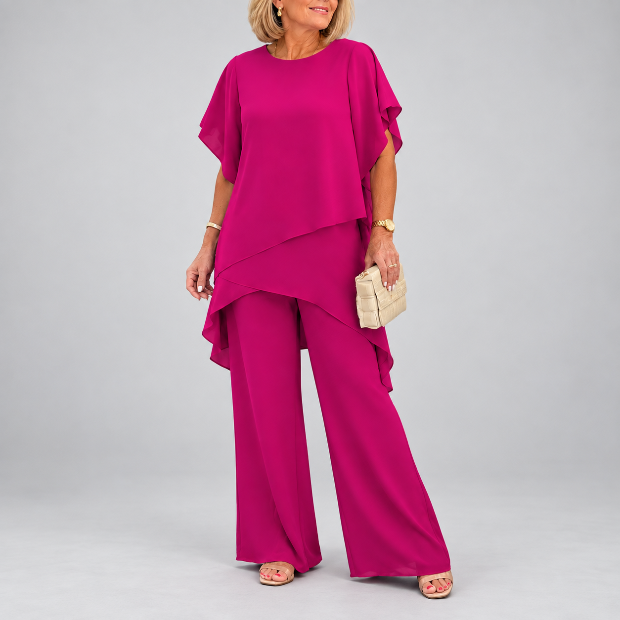 Liselotte dames asymmetrische tweedelige set met wijde broek