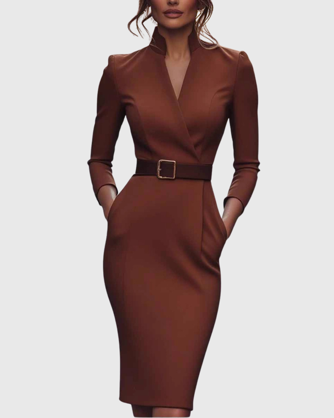 Elegante maxi jurk met verstelbare ceintuur en verfijnde mandarinekraag voor dames