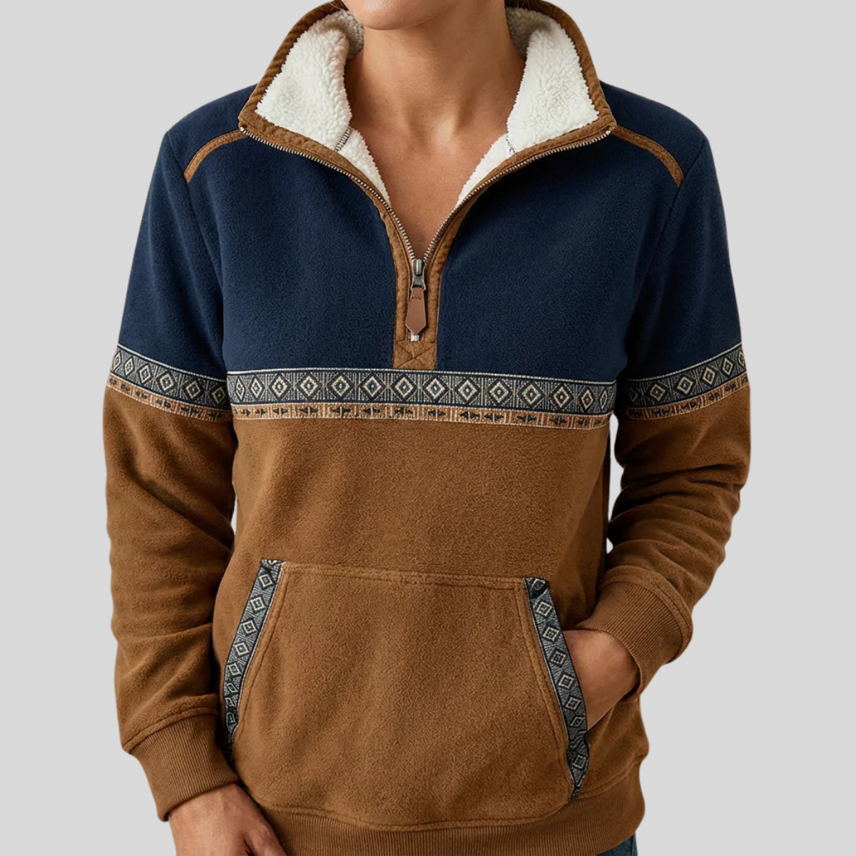 Bregje dames pullover met sherpakraag en halve rits
