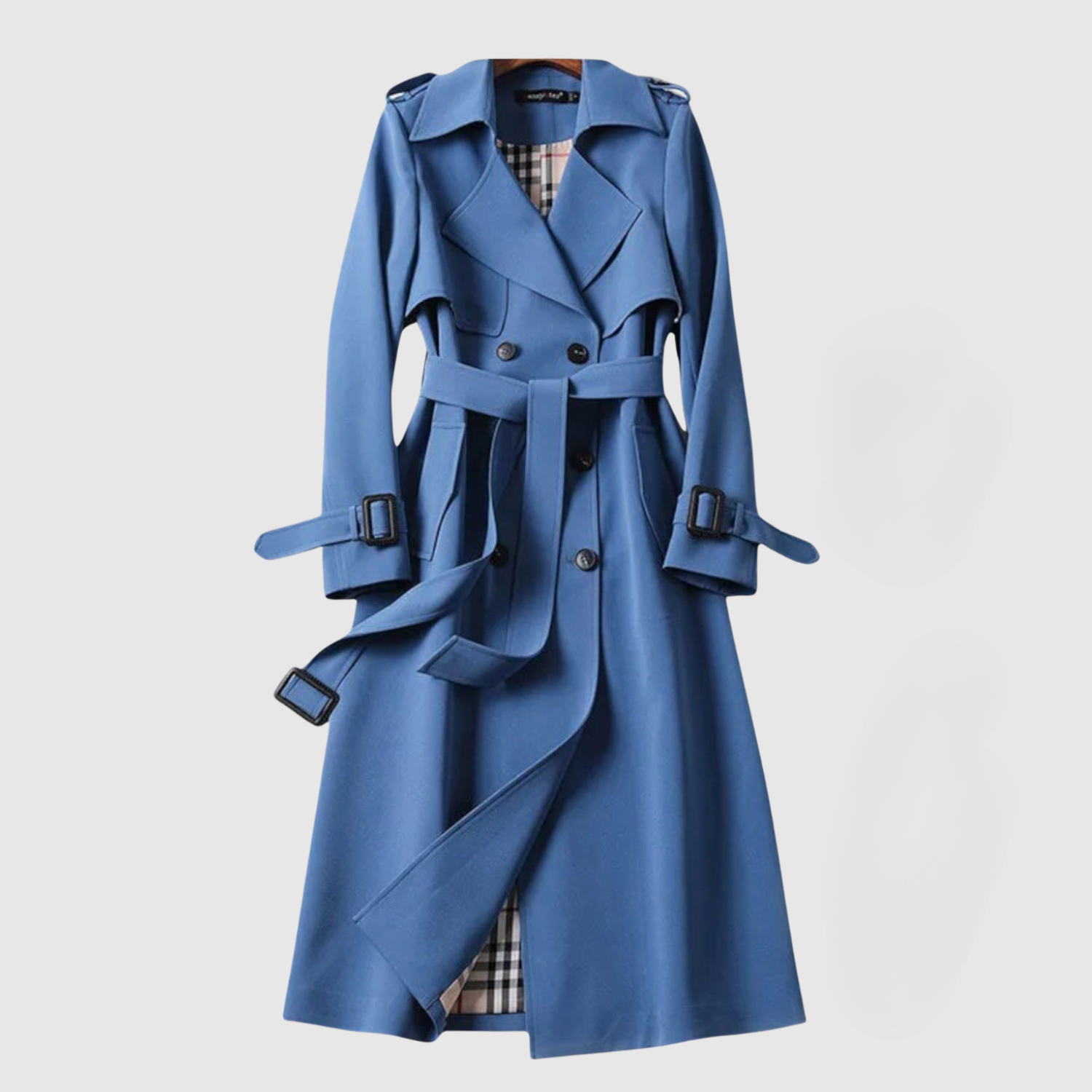 Lange damesjas met ceintuur in de taille en klassieke revers in effen kleur