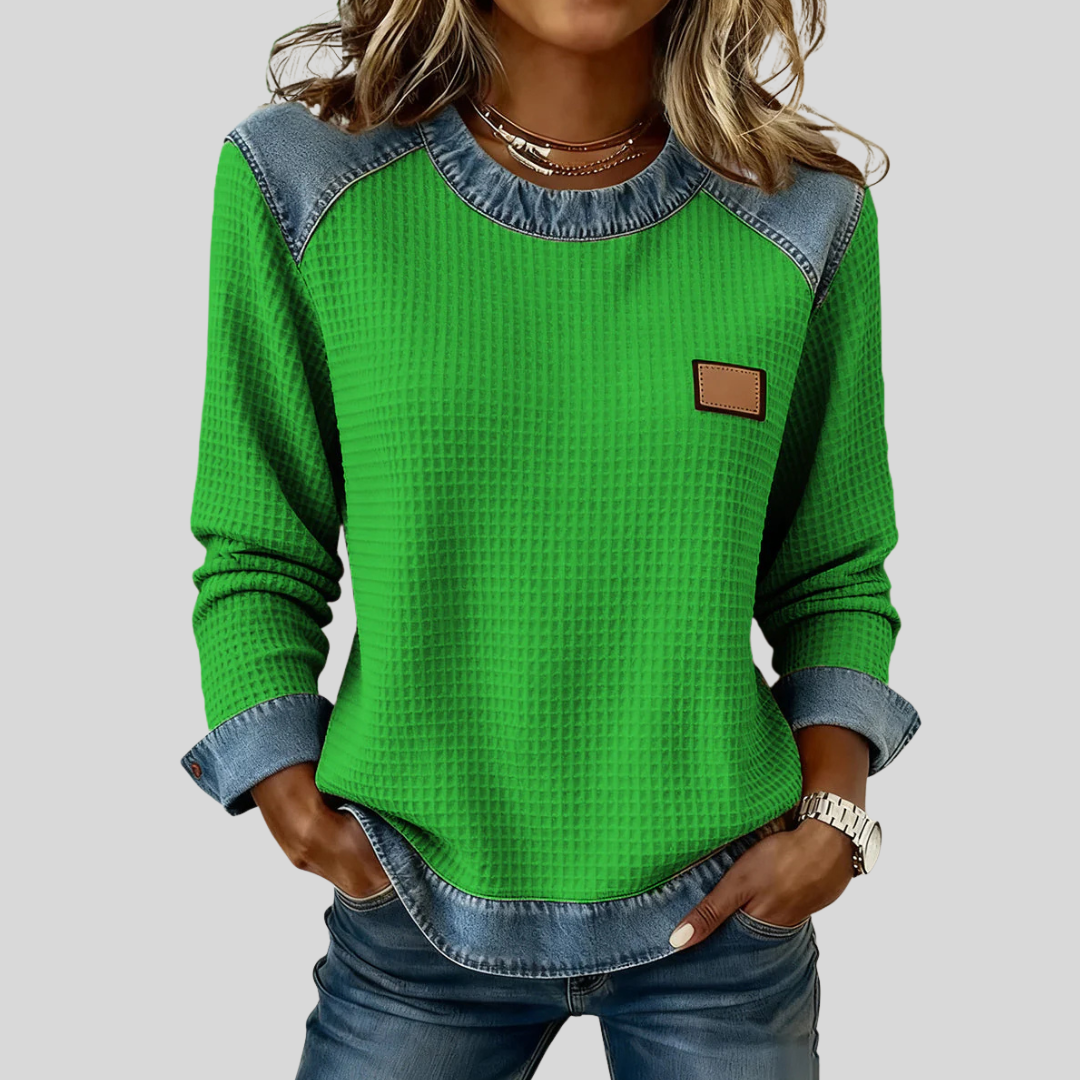 Hilde dames wafelsweater met patchwork