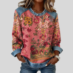 Imke dames sweater met bloemenprint en denim afwerking