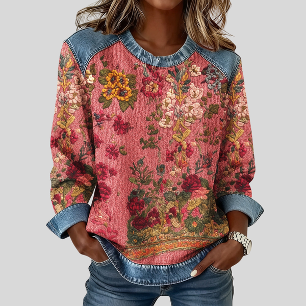 Imke dames sweater met bloemenprint en denim afwerking