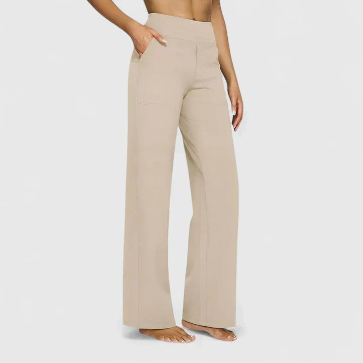 Elegante damesbroek in effen kleur met rechte pijpen, elastische tailleband en steekzakken