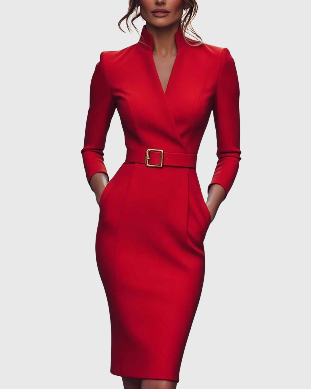 Elegante maxi jurk met verstelbare ceintuur en verfijnde mandarinekraag voor dames