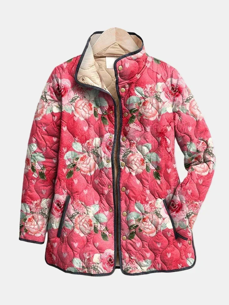 Seline dames roze gewatteerd jasje met bloemenprint
