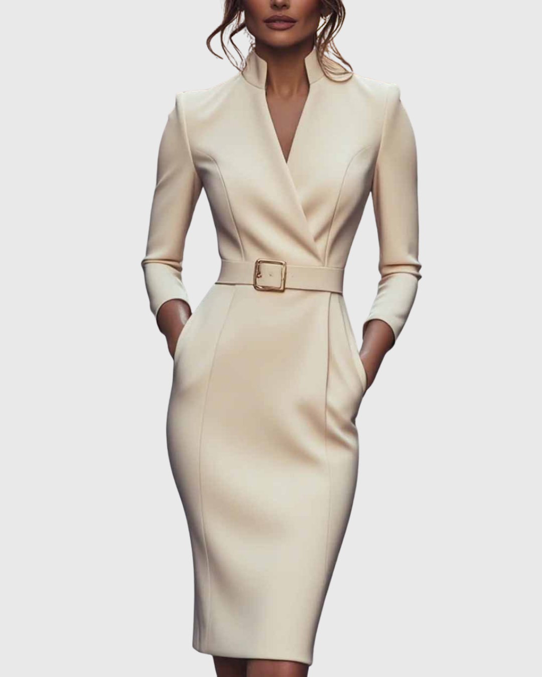 Elegante maxi jurk met verstelbare ceintuur en verfijnde mandarinekraag voor dames