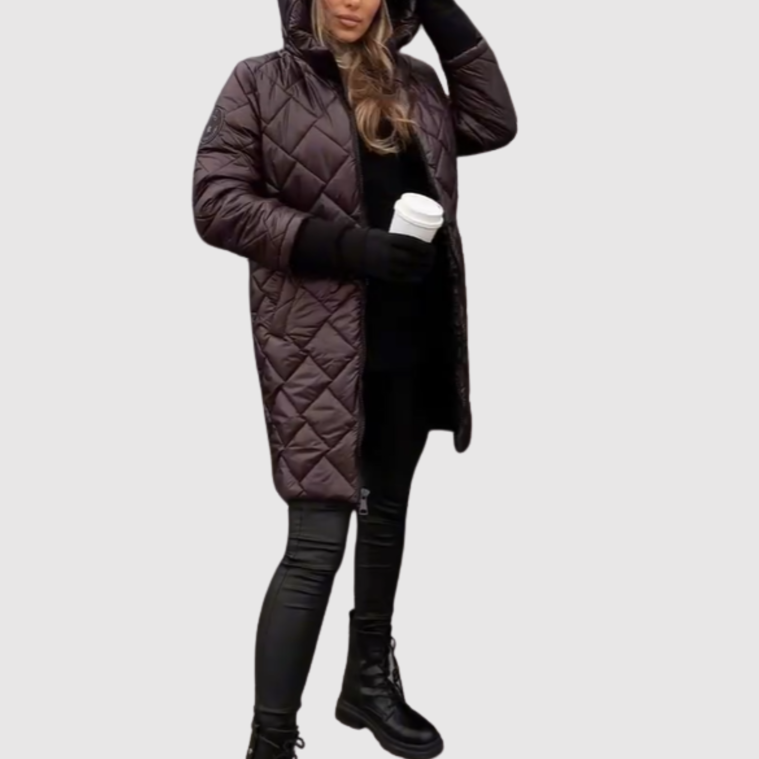 Elegante lange gewatteerde dames winterjas met capuchon en diepe steekzakken