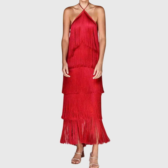 Elegante jurk met franjes, halternek en open rug voor feestelijke gelegenheden