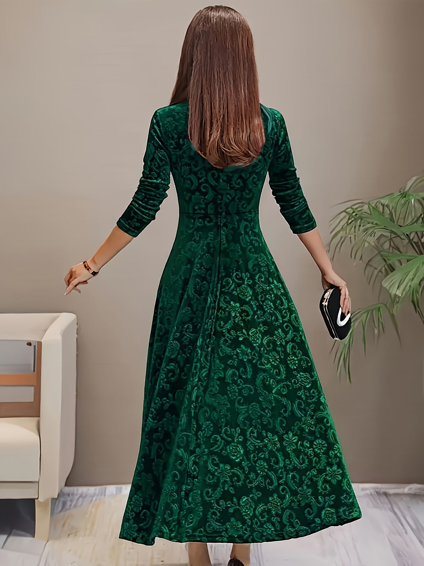 Elegante maxi jurk met verfijnd patroon, vierkante halslijn en driekwart mouwen