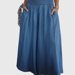 Comfortabele dames broek in denimlook met hoge elastische taille en wijde pijpen