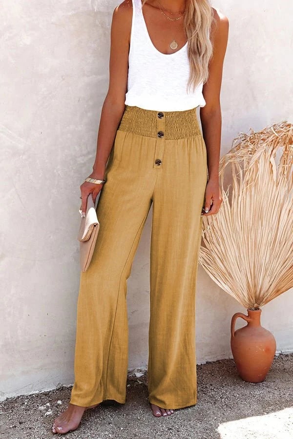 Relaxte broek met hoge taille, wijde pijpen en subtiele knopen in een neutrale tint