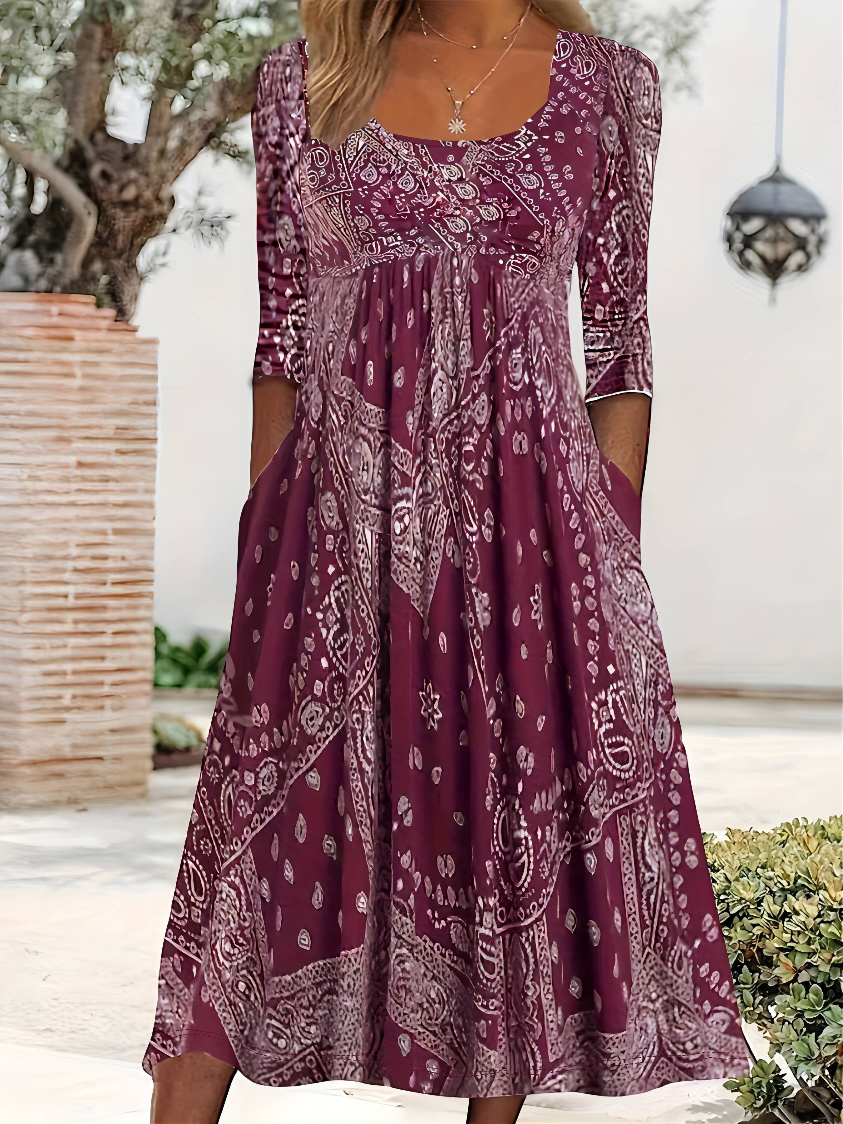 Casual midi jurk met lange mouwen, bloemenprint en soepel vallende wijde rok
