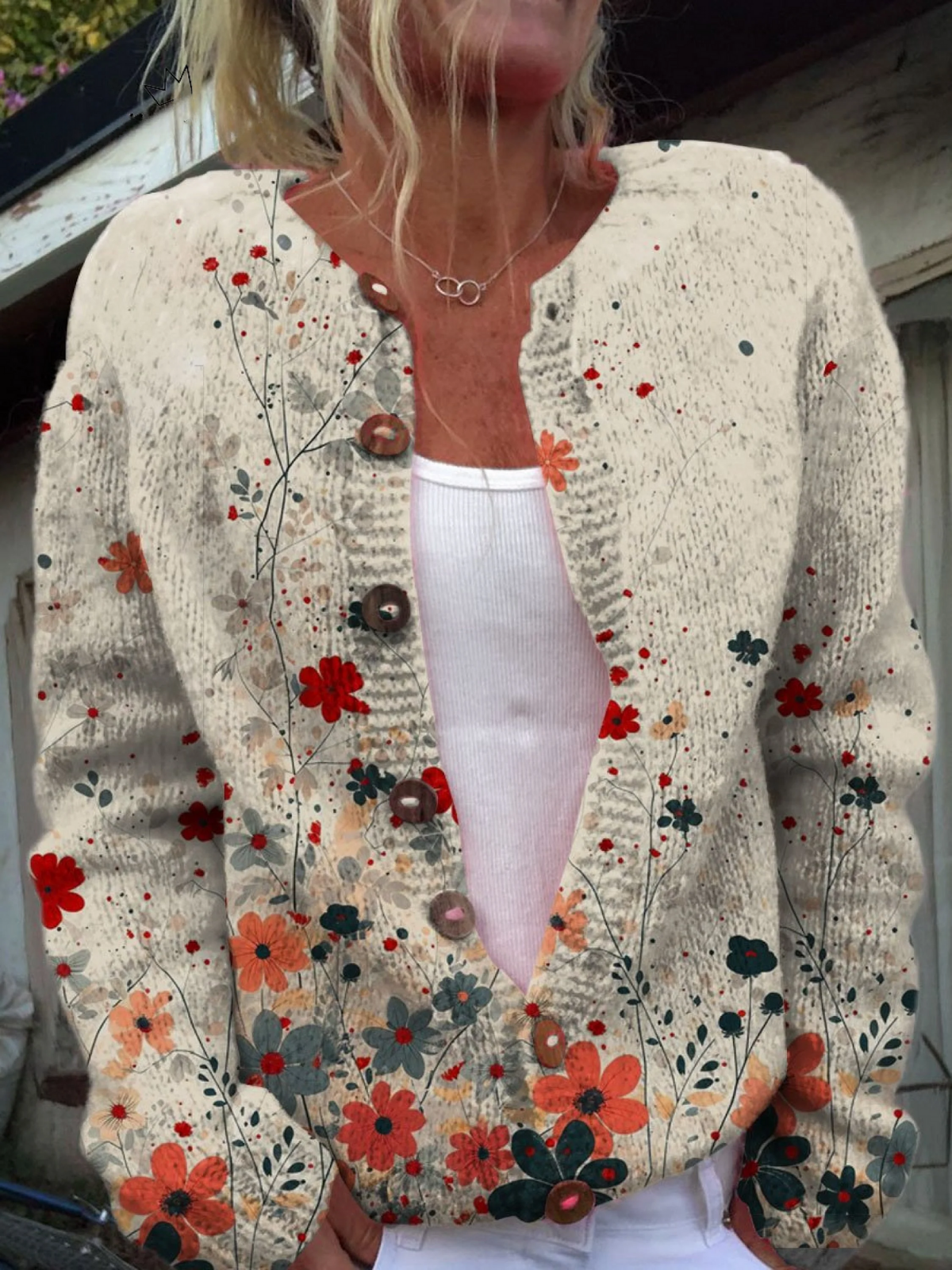 Marianne dames rood gebreid vest met bloemenprint