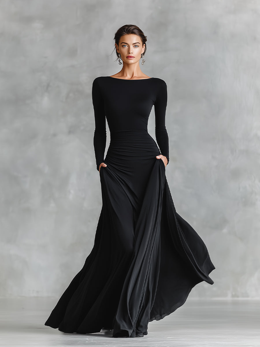 Rubi dames maxi-jurk met boothals en plooidetail