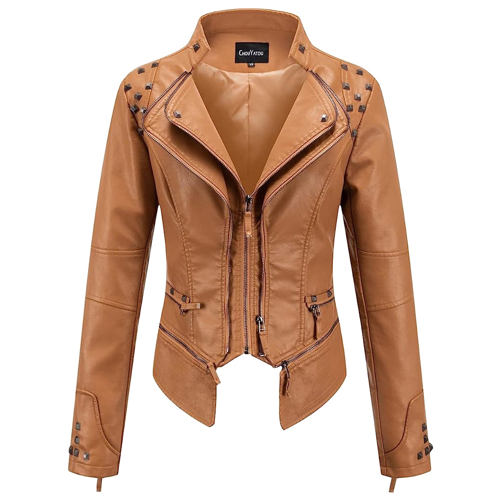 Strak dames bikerjack van nepleer met studs en diepe ritszakken