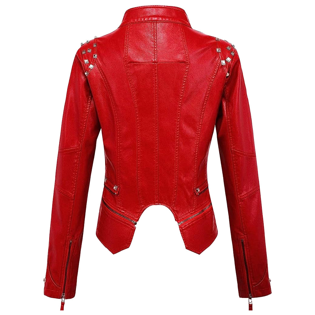 Strak dames bikerjack van nepleer met studs en diepe ritszakken