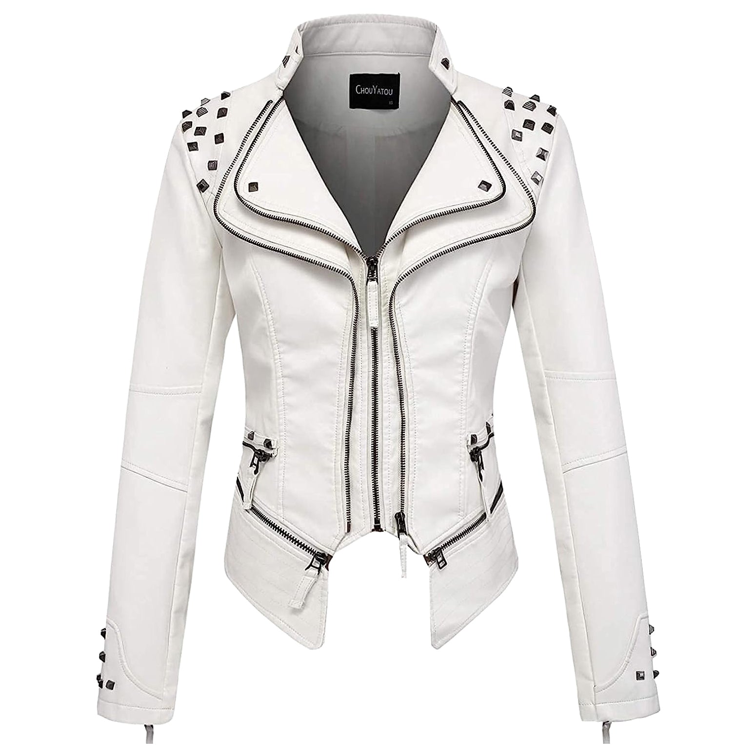 Strak dames bikerjack van nepleer met studs en diepe ritszakken