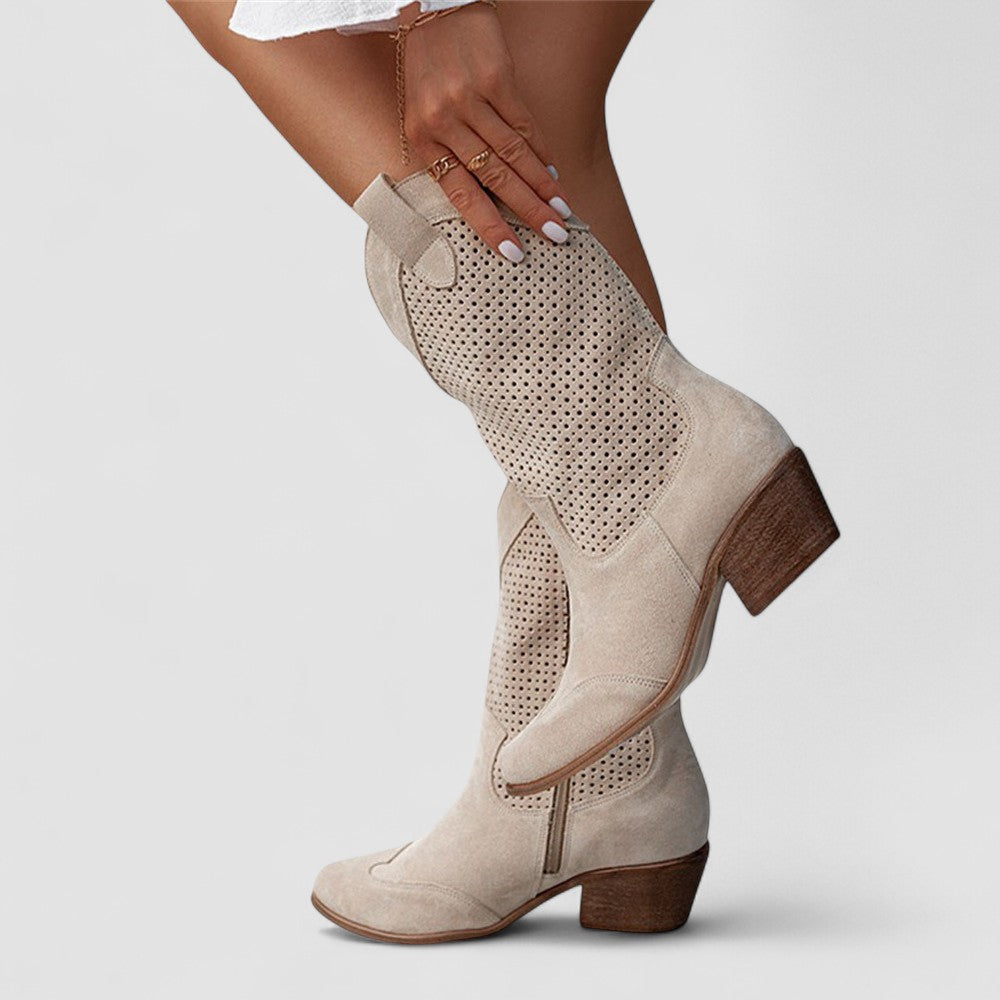Beige orthopedische westernlaarzen van suède en leer met gelzool en lage hak