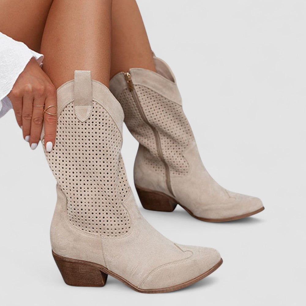 Beige orthopedische westernlaarzen van suède en leer met gelzool en lage hak