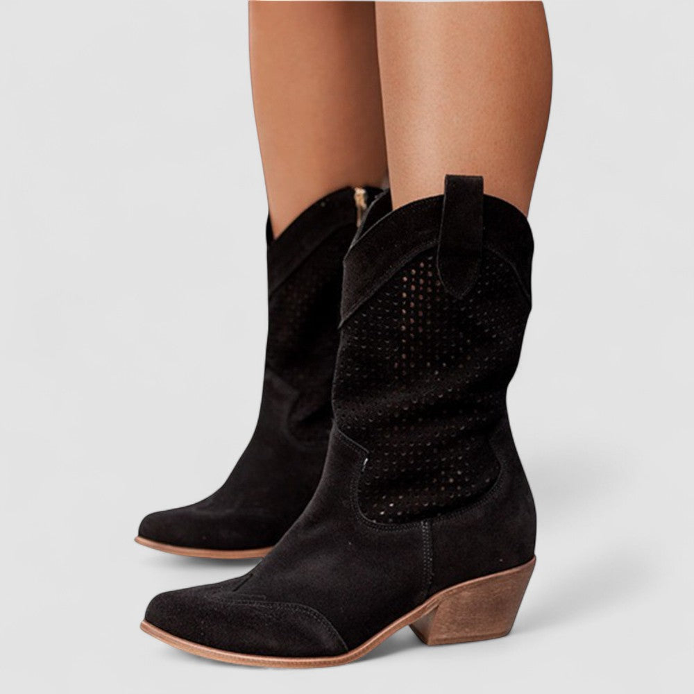 Beige orthopedische westernlaarzen van suède en leer met gelzool en lage hak