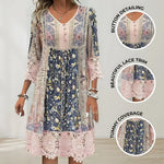 Boho midi jurk met patchwork bloemenprint, gehaakt kant en knoopjes bij de hals