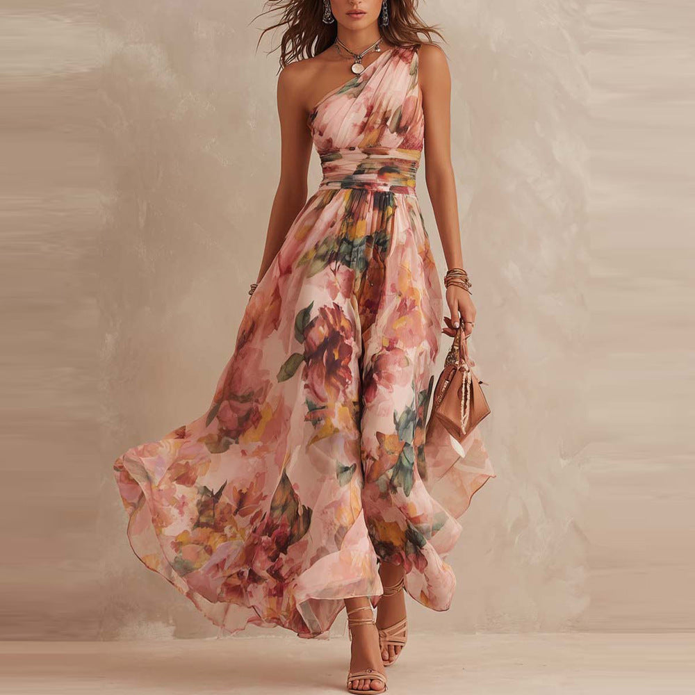 Linde asymmetrische jurk met bloemenprint