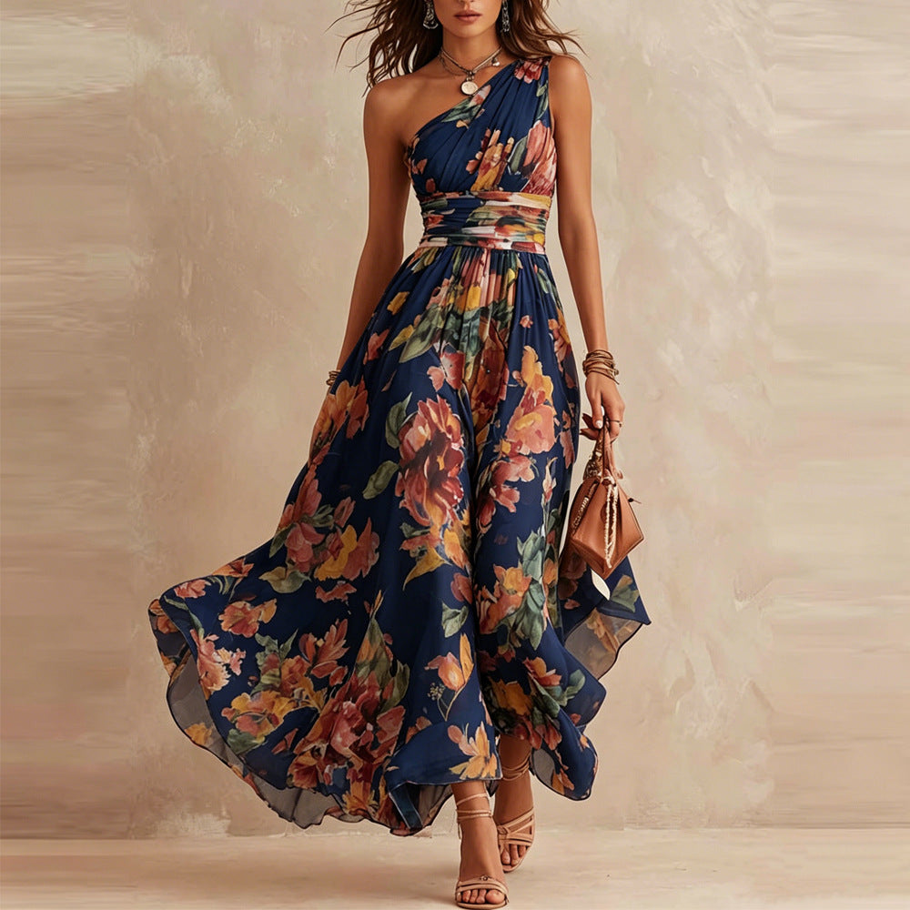 Linde asymmetrische jurk met bloemenprint