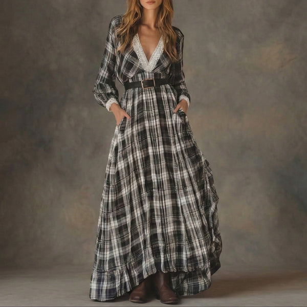 Dieuwke dames geruite maxi-jurk met ceintuur