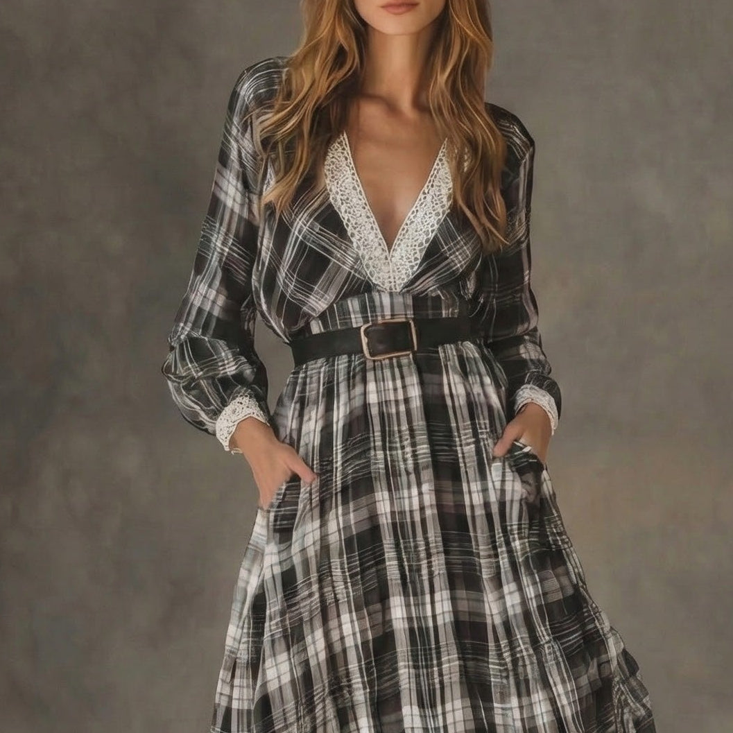 Dieuwke dames geruite maxi-jurk met ceintuur