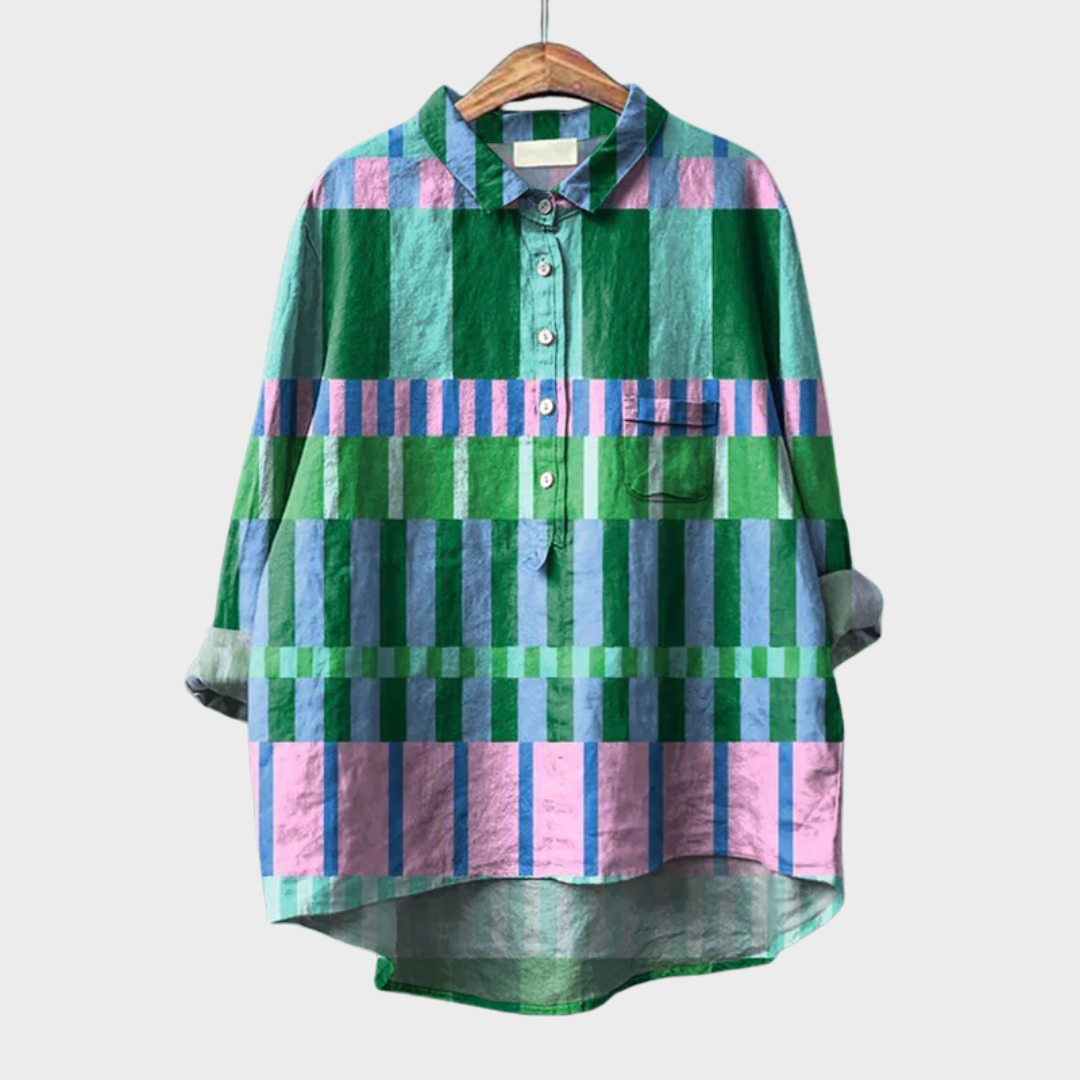 Elegante dames zomerblouse in luchtige stof met artistieke print en lange mouwen