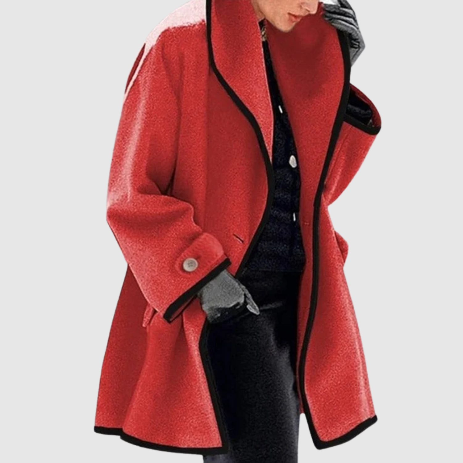 Oversized damesjas met zwarte contrasterende randen en ruime comfortabele snit