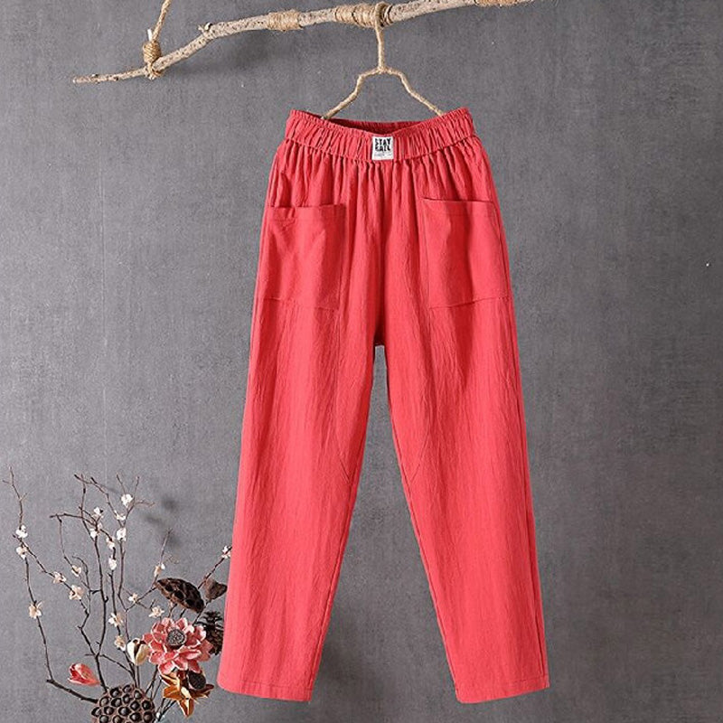 Wijde dames broek van katoen-linnenmix met elastische taille en diepe kleppenzakken