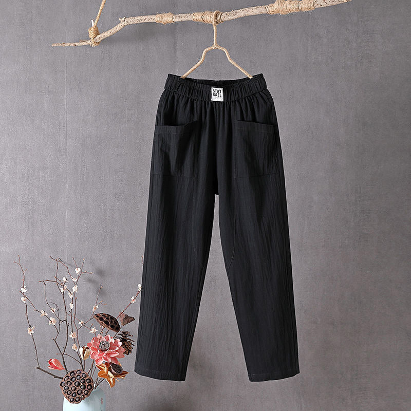 Wijde dames broek van katoen-linnenmix met elastische taille en diepe kleppenzakken