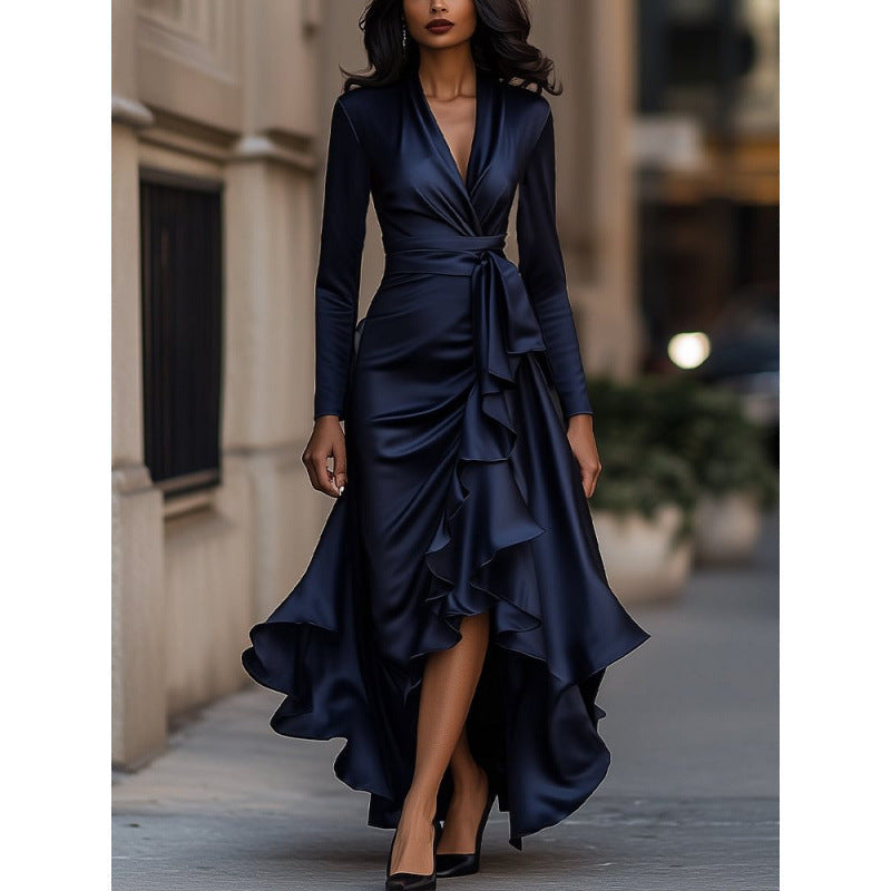 Elegante maxi jurk met wikkelvorm, V-hals, lange mouwen en vloeiende ruches