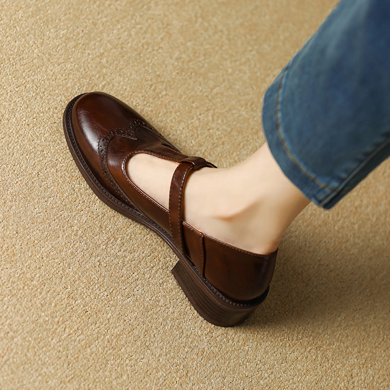 Zwarte leren Mary Jane schoenen met T-band, lage blokhak en antislip buitenzool