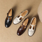 Bruine leren Mary Jane schoenen met T-band, lage blokhak en vintage stiksels