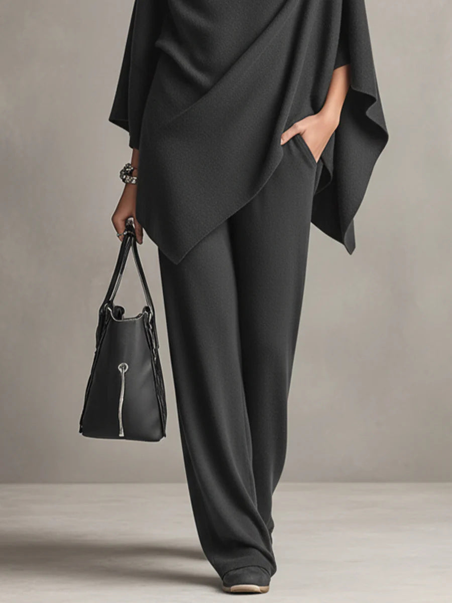 Seraphine dames tweedelige set met drapering en wijde pijpen