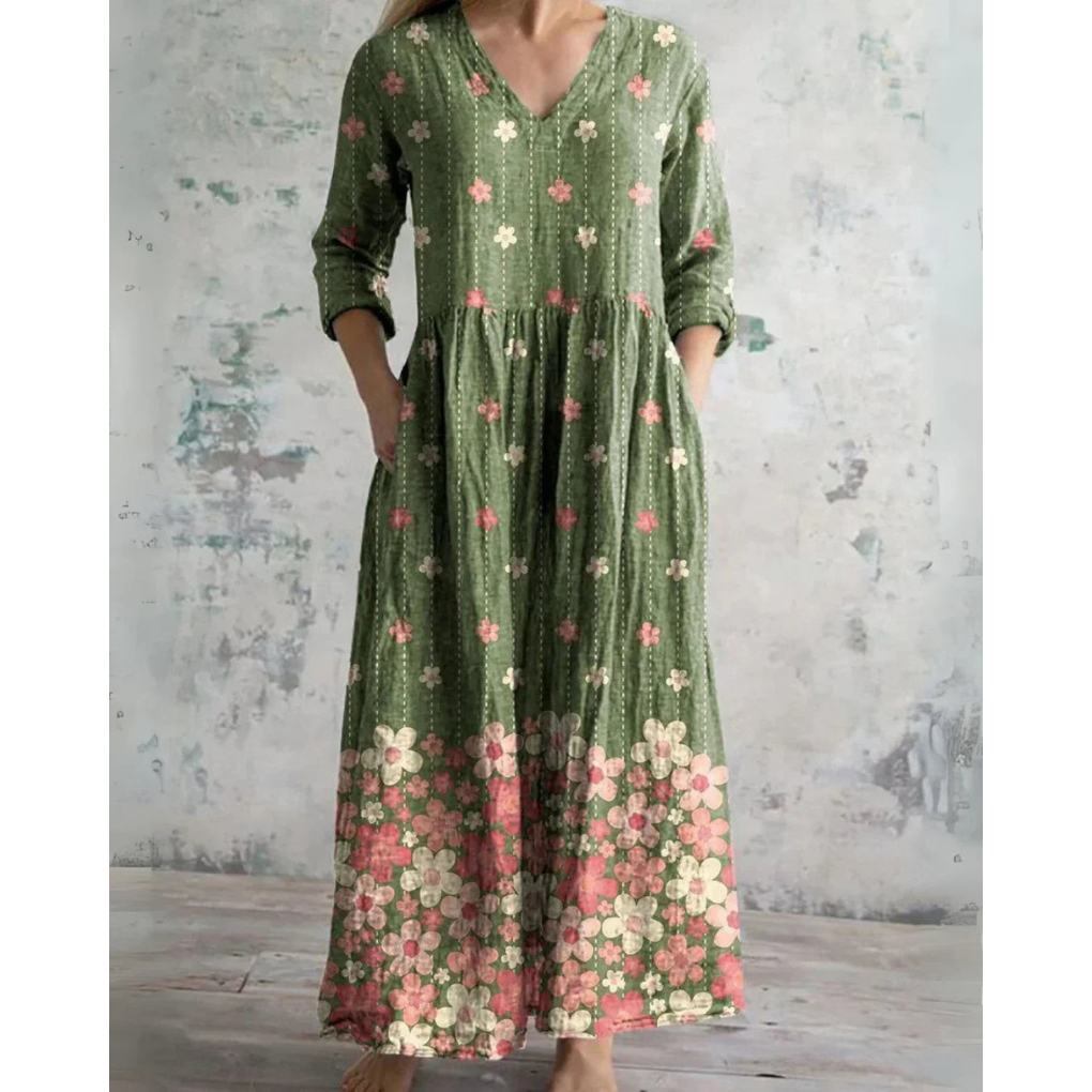 Lange maxi jurk met vintage bloemenprint in warme tinten, V-hals en taille