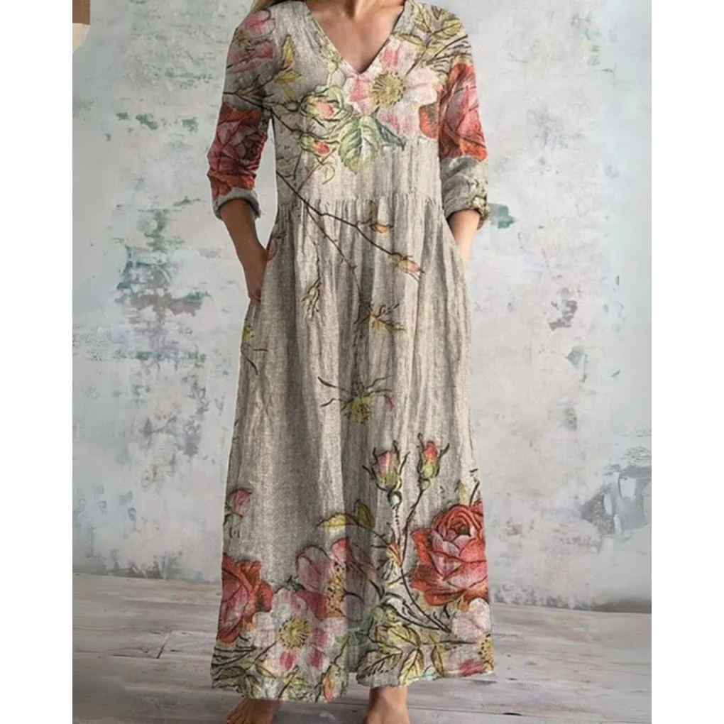 Lange maxi jurk met vintage bloemenprint in warme tinten, V-hals en taille