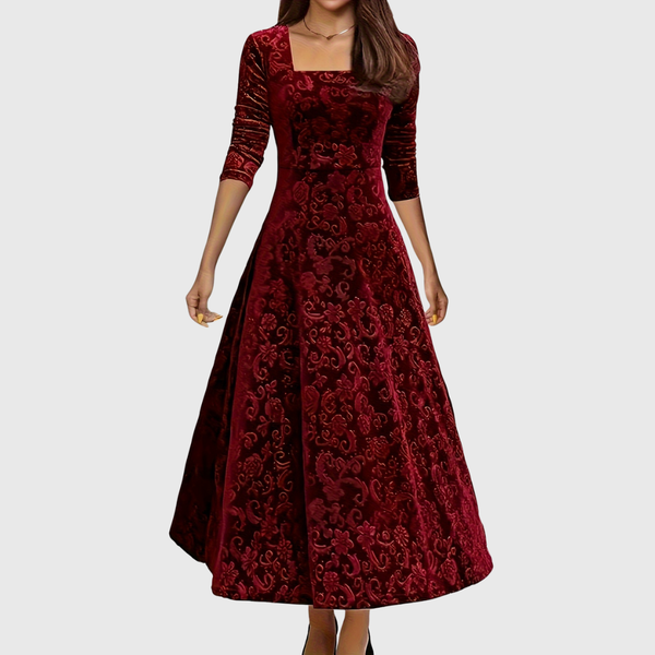 Elegante maxi jurk met verfijnd patroon, vierkante halslijn en driekwart mouwen