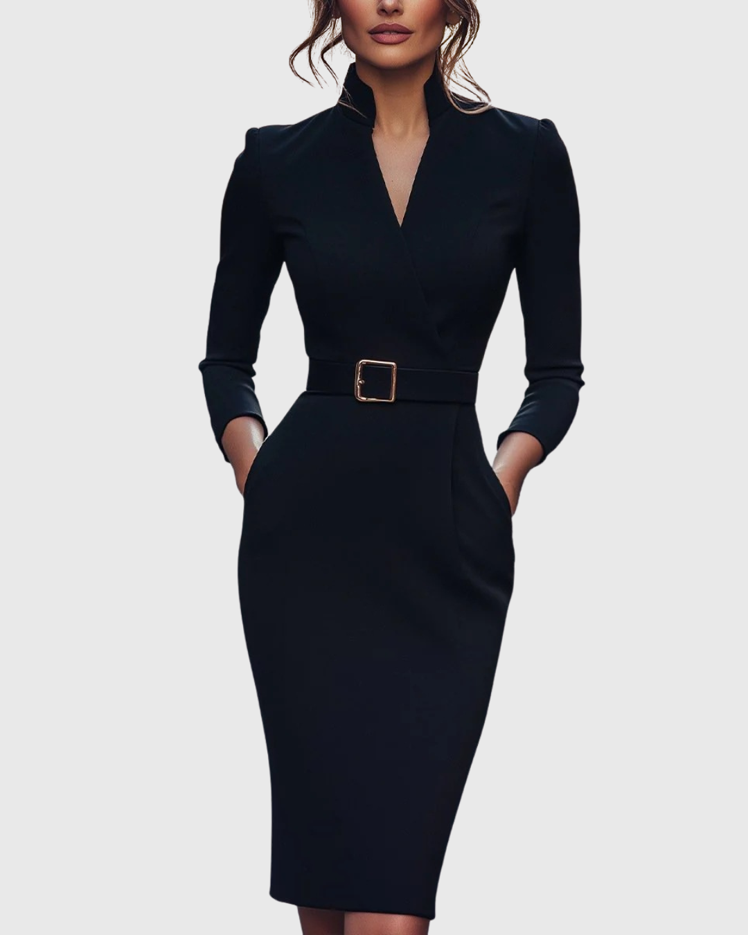 Elegante maxi jurk met verstelbare ceintuur en verfijnde mandarinekraag voor dames