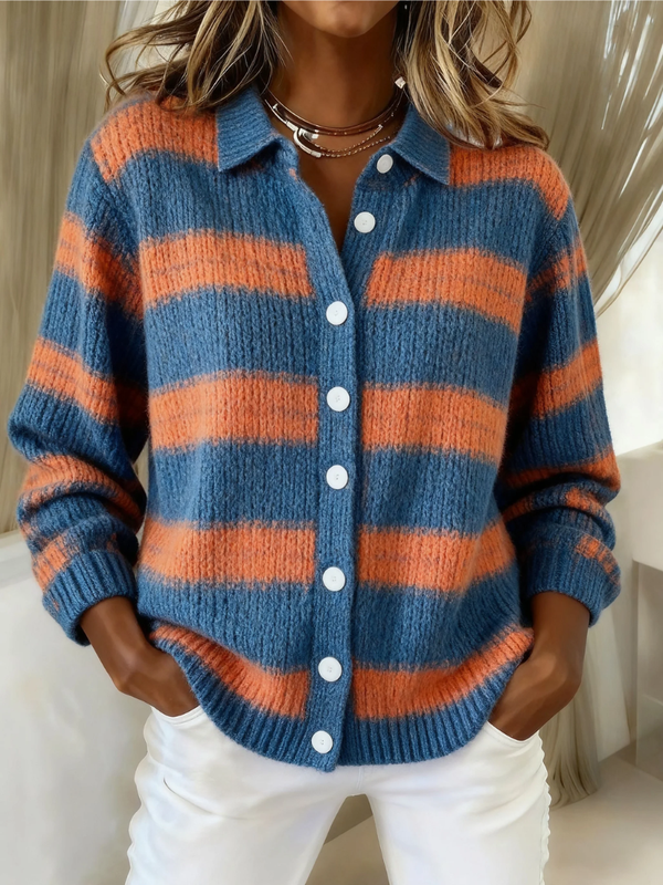Elske dames oranje-blauw gestreept gebreid vest